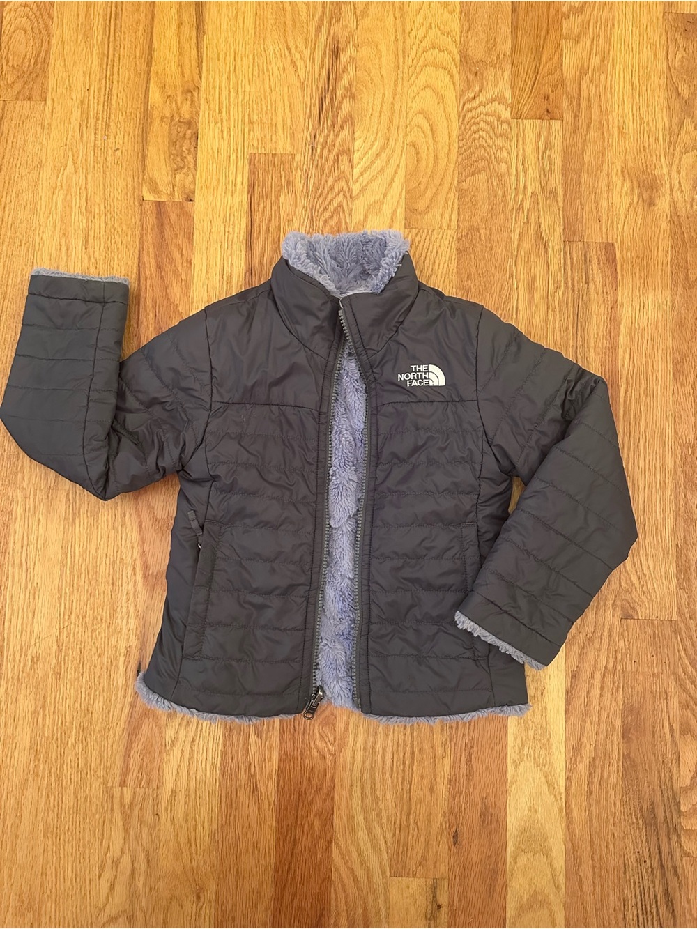 The North Face Sz XXS 5 Gray Reversible Puffer Jacket Mossbud Swirl Purple Puff